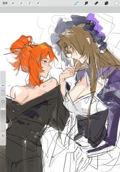 2girls black_corset black_kimono bonnet breasts cleavage closed_mouth corset dress folded_ponytail green_eyes highres ishmael_(project_moon) japanese_clothes jingshenhuanghu juliet_sleeves kimono kurokumo_clan_(identity)_(project_moon) la_manchaland_(identity)_(project_moon) large_breasts limbus_company long_sleeves multiple_girls orange_hair parted_lips project_moon puffy_sleeves purple_bonnet purple_dress rodion_(project_moon) simple_background smile white_background