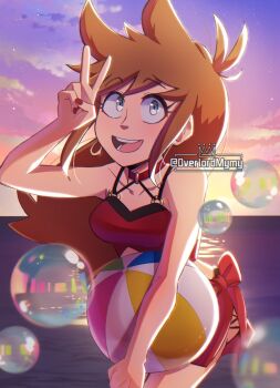 1girl :d alternate_costume animification arm_up ass ass_peek ball beach beachball bikini breasts brown_hair bubble cloud commentary eddsworld english_commentary flipped_hair grey_eyes hair_ears halterneck highres holding holding_ball holding_beachball long_hair looking_at_viewer medium_breasts ocean open_mouth outdoors overlordmymy red_bikini red_nails red_sarong sarong sky smile solo sunset swimsuit tori_(eddsworld) v very_long_hair water watermark