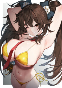 1girl ;d armpits arms_behind_head between_breasts bikini blue_bow blush bow breasts brown_eyes brown_hair commentary_request girls'_frontline girls'_frontline_2:_exilium gold_bikini grin hair_between_eyes hair_bow happy highres jiangyu_(girls'_frontline_2) kawakami_masaki large_breasts long_hair looking_at_viewer navel necktie necktie_between_breasts one_eye_closed open_mouth red_necktie side-tie_bikini_bottom skindentation smile solo swimsuit twintails type_97_(girls'_frontline) very_long_hair yellow_bikini
