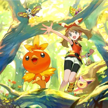 1girl beautifly bike_shorts bike_shorts_under_shorts brown_hair dustox fanny_pack forest gen_3_pokemon grey_eyes hairband may_(pokemon) mega_ring nature nintendo open_mouth pokemon pokemon_(creature) pokemon_oras red_hairband red_shirt shirt short_hair shorts shorts_under_shorts shroomish skitty torchic unitevids