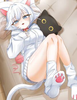 1girl :3 :d absurdres animal_ears animal_hands bare_legs bell blue_eyes breasts cat-shaped_pillow cat_ears cat_girl cat_tail collar commentary couch drawstring female_focus fingerless_gloves gloves hairband hand_on_own_chest highres hood hoodie jingle_bell kimi_no_koto_ga_dai_dai_dai_dai_daisuki_na_100-nin_no_kanojo knees_up large_breasts light_blush looking_at_viewer lying neck_bell nekonari_tama on_back on_couch open_mouth paw_gloves paw_print_soles pillow red_collar short_hair smile socks solo sosii_79 tail white_gloves white_hairband white_hoodie white_socks yarn yarn_ball
