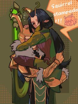 &gt;_&lt; 1boy 2girls alien antennae arms_around_neck black_eyes black_hair cape commentary english_commentary english_text fake_horns flying_sweatdrops fur_trim gold_helmet green_background green_cape green_nails guardians_of_the_galaxy hair_ornament hair_over_one_eye hairclip helmet highres horned_helmet horns leg_lock loki_(marvel) long_hair looking_back looking_to_the_side low-tied_long_hair mantis_(marvel) marvel marvel_rivals multiple_girls pointy_ears scared speech_bubble squirrel_girl_(marvel) stinkyrattie33 thor_(marvel)_(series)