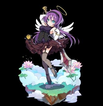 1girl angel angel_wings arm_up black_background black_headband blue_eyes blue_shoes breasts brown_skirt closed_mouth cloud elbow_gloves feathered_wings flower flying frilled_skirt frills full_body gloves grey_thighhighs hair_between_eyes halo headband high_heels highres holding holding_sword holding_weapon large_breasts leaning_back long_hair lotus melich_(merc_storia) merc_storia merc_storia_art_team official_art pink_flower purple_hair purple_shirt shirt shoes sidelocks simple_background skirt sleeveless sleeveless_shirt solo sword tachi-e thighhighs underbust weapon white_gloves white_wings wings