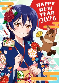 1girl 2026 absurdres arrow_(projectile) blue_hair blue_kimono blush brown_eyes commentary_request floral_print floral_print_kimono grin hair_ornament happy_new_year haruharo_(haruharo_7315) highres holding holding_arrow horse japanese_clothes kimono long_hair long_sleeves looking_at_viewer love_live! love_live!_school_idol_project new_year obi print_kimono sash smile solo sonoda_umi upper_body wide_sleeves