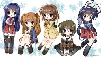 Rule 34 | 5girls, animal, animal ears, animal on lap, argyle clothes, argyle socks, backpack, bag, black boots, black dress, black hair, black shoes, black skirt, black socks, black thighhighs, blue bow, blue eyes, blue hair, blue jacket, blush, blush stickers, boots, bow, brown boots, brown coat, brown hair, brown mittens, brown shawl, brown shoes, capelet, cat, chibi, coat, dress, fake animal ears, food, green eyes, hair between eyes, hair bow, hair intakes, hair ribbon, hairband, highres, holding, holding bag, jacket, kanon, kawasumi mai, loafers, long hair, long sleeves, looking at viewer, minase nayuki, misaka shiori, mittens, multiple girls, on lap, open clothes, open jacket, open mouth, paper bag, petting, pink bow, piro, plaid clothes, plaid shawl, pleated skirt, ponytail, purple bow, rabbit ears, red dress, red eyes, red hairband, red ribbon, ribbon, sawatari makoto, school uniform, shawl, shoes, short hair, sitting, skirt, smile, snowflakes, socks, spaghetti strap, standing, striped clothes, striped socks, sweater, taiyaki, takanashi (takanya shi), thighhighs, tsukimiya ayu, turtleneck, turtleneck sweater, two side up, v arms, wagashi, wariza, white capelet, white sweater, white wrist cuffs, wings, wrist cuffs, yellow sweater, zettai ryouiki