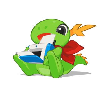 Rule 34 | absurdres, antlers, black eyes, chibi, commentary, dragon, drop shadow, english commentary, fang, green scales, highres, horns, kde, konqi, krita (medium), looking down, mascot, open mouth, paper, printer, red scarf, scarf, sitting, smile, spiked tail, tail, transparent background, tyson tan