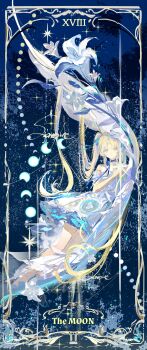 1girl absurdres blonde_hair blue_eyes border character_request cool_colored copyright_request curtained_hair dress flower full_body highres knees_together_feet_apart lantercat lily_(flower) long_hair looking_at_viewer moon_phases neck_ribbon night ornate_border painterly ribbon sidelocks sky solo sparkle star_(sky) starry_sky tarot the_moon_(tarot) twintails very_long_hair white_dress white_lily