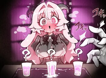 1girl alcohol blush cup demon_girl demon_horns drinking_glass drooling drunk embarrassed femme_soule horns lactation lactation_through_clothes pink_hair pov pukey_goddess_shot_trick shaking shikoripa shot_glass