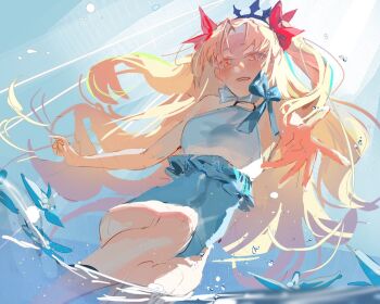 Rule 34 | 1girl, bare legs, bare shoulders, black tiara, blonde hair, blue one-piece swimsuit, breasts, ereshkigal (fate), fate/grand order, fate (series), hair ribbon, long hair, looking at viewer, medium breasts, offering hand, one-piece swimsuit, red eyes, red ribbon, ribbon, ereshkigal (swimsuit beast) (fate), swimsuit, tiara, two side up, ubwmitekure, wading, water