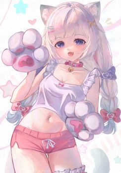 1girl animal_collar animal_ear_fluff animal_ears animal_hands bell braid braided_twintails breasts buckle cat_ears cleavage collar commentary cowboy_shot crop_top cropped_shirt fang gloves grey_gloves grey_shirt hair_ornament hairclip hand_up highres indie_virtual_youtuber long_hair looking_at_viewer micro_shorts micunchi midriff mint_fantome navel neck_bell open_mouth parted_bangs paw_gloves pink_collar pink_shorts purple_eyes shirt shorts skin_fang sleeveless sleeveless_shirt smile solo standing symbol-only_commentary virtual_youtuber white_background white_hair x_hair_ornament