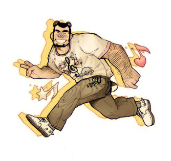 1boy animal_ears arm_hair bandaid bandaid_on_face bandaid_on_nose bear_boy bear_ears beard black_hair blush brown_pants charm_(object) chinstrap_beard closed_eyes commentary english_commentary facial_hair grey_socks grgxrt grin highres male_focus original pants pink_trim print_shirt running shirt shoes short_hair simple_background smile socks solo spiked_shoes spikes t-shirt thick_eyebrows v very_short_hair white_background white_shirt white_shoes