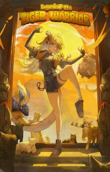 absurdres animal_ear_fluff animal_ears bab_du_666 blonde_hair blue_shoes bow cat colored_inner_hair green_eyes grey_shirt high-waist_shorts highres hu_wei_(zenless_zone_zero) jacket ju_fufu kung_fu medallion multicolored_hair multiple_cats orange_fur shirt shoes shorts socks stairs standing standing_on_one_leg striped_fur striped_hair tail tail_bow tail_ornament thigh_strap tiger_ears tiger_girl tiger_stripes tiger_tail white_socks yellow_background yellow_jacket zenless_zone_zero