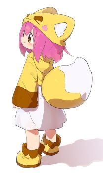 Rule 34 | 1girl, blush, brown eyes, closed mouth, commentary, footwear request, fox hat, fox tail, full body, hair between eyes, highres, hood, hood down, hoodie, long sleeves, looking ahead, medium hair, nipeira, original, pink hair, shadow, simple background, skirt, sleeves past wrists, smile, solo, standing, tail, white background, white skirt, wide sleeves, yellow hoodie, yuzuwa-chan