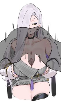 1girl absurdres blue_eyeliner blue_lips breasts choker dress earrings eyeliner fate/grand_order fate_(series) grabbing_own_breast grey_dress grey_eyeliner hair_over_one_eye highres hoop_earrings jacket jewelry long_hair makeup motion_lines nail_polish off_shoulder mrs._snake_(fate) paizuri purple_nails reverse_paizuri ribbed_dress sweater sweater_dress tassel uun_(uundayo) white_jacket