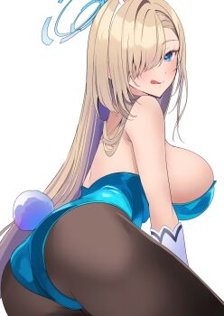 Rule 34 | 1girl, :d, animal ears, ass, asuna (blue archive), asuna (bunny) (blue archive), blonde hair, blue archive, blue eyes, blue leotard, bow, bowtie, breasts, detached collar, fake animal ears, gloves, hair over one eye, halo, highres, large breasts, leotard, long hair, looking at viewer, nakano kura, official alternate costume, open mouth, pantyhose, playboy bunny, rabbit ears, revision, smile, strapless, strapless leotard, white gloves