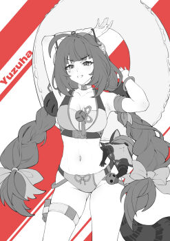 1girl absurdres adapted_costume alternate_costume arm_up bare_shoulders bikini bow braid breasts character_name chinese_commentary cleavage commentary_request eyewear_on_head greyscale_with_colored_background hair_bow hair_ornament hearing_aid heart heart-shaped_eyewear heart_sticker highres kamanosuke_(zenless_zone_zero) long_hair looking_at_viewer low_twin_braids medium_breasts multiple_hair_bows navel pouch shadow_lxy smile solo sphere_hair_ornament sticker sticker_on_face stomach sunglasses swim_ring swimsuit thigh_pouch thighs twin_braids ukinami_yuzuha ukinami_yuzuha_(tanuki_in_broad_daylight) very_long_hair zenless_zone_zero