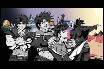 4boys battle_tendency castle chongmu diamond_wa_kudakenai fingerless_gloves fingernails gloves greyscale_with_colored_background grin higashikata_josuke jojo_no_kimyou_na_bouken jonathan_joestar joseph_joestar joseph_joestar_(young) kuujou_joutarou letterboxed male_focus midriff multiple_boys muscular muscular_male phantom_blood pointing pointing_forward pompadour pyramid_(structure) scarf smile stardust_crusaders stone_mask_(jojo) sun utility_pole