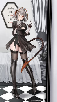 1girl 2b_(nier:automata) 2b_(nier:automata)_(cosplay) :p absurdres antenna_hair arknights bed black_dress black_panties boots breasts cellphone checkered_floor cleavage cleavage_cutout clothing_cutout commentary cosplay demon_horns demon_tail dress feather-trimmed_sleeves gloves grey_hair highres holding holding_phone horns lamp looking_at_viewer mirror one_eye_closed panties phone red_eyes red_horns short_hair smartphone solo tail thigh_boots thighhighs thighhighs_under_boots tomodach1666 tongue tongue_out twitter_username underwear w w_(arknights)