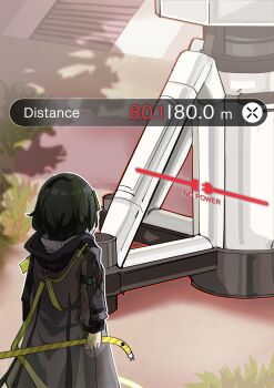 Rule 34 | 1girl, absurdres, arknights, arknights: endfield, black coat, black hair, cable, coat, commentary, endministrator (arknights), english commentary, english text, female endministrator (arknights), gameplay mechanics, grass, heads-up display, highres, holding, holding cable, hood, hood down, hooded coat, long sleeves, outdoors, short hair, sleepyowl (jobkung15), solo, standing, upper body, user interface, utility pole