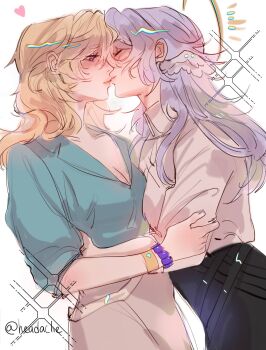 2girls aventurine_(honkai:_star_rail) blonde_hair blue_shirt bracelet breasts cleavage closed_eyes closed_mouth collared_shirt genderswap genderswap_(mtf) halo hand_on_another's_waist head_wings headache1402 heart highres honkai:_star_rail honkai_(series) jewelry kiss long_hair multiple_girls pink_eyes purple_hair shirt sparkle sunday_(honkai:_star_rail) twitter_username white_shirt wings yuri