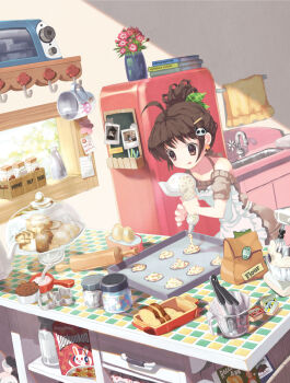 1girl :q ahoge animal_hair_ornament apron bag baking baking_sheet book book_stack bowl bra_strap bread bread_slice brown_eyes brown_hair cereal coffee_mug coffee_pot cooking counter cup doll drawer dress egg english_text female_focus flour flower food hair_ornament hair_ribbon hairclip holding icing indoors jam jar jug_(bottle) kitchen mintchoco_(orange_shabette) mixer_(cooking) mug off-shoulder off-shoulder_sweater off_shoulder original panda_hair_ornament paper_bag pastry pastry_bag plant ponytail potted_plant rabbit refrigerator ribbon rolling_pin shelf short-sleeved_sweater short_sleeves side_ponytail sink smucker's solo sweater sweater_dress tiles tongue tongue_out towel tray whisk window