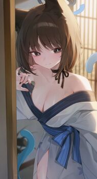 1girl animal_ears bare_shoulders black_choker black_eyes black_hair black_nails blue_archive blue_halo blush breasts bright_pupils cat_ears cat_tail choker cleavage closed_mouth collarbone fingernails halo highres indoors japanese_clothes kikyou_(blue_archive) kimono looking_at_viewer medium_breasts multiple_tails nail_polish ribbon_choker s0104y short_hair shouji sliding_doors smile solo tail two_tails white_pupils