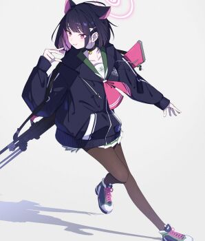 1girl animal_ears black_hair blue_archive cat_choker cat_ears cat_girl colored_inner_hair dynamic_pose eating extra_ears halo highres karasuri kazusa_(blue_archive) looking_to_the_side multicolored_hair pink_hair pink_halo short_hair solo two-tone_hair white_background