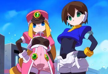 2girls aile_(mega_man_zx) black_bodysuit blonde_hair blue_jacket bodysuit breasts brown_hair commentary_request cropped_jacket green_eyes hat high-waist_shorts jacket kaidou_zx long_hair mega_man_(series) mega_man_zx multiple_girls outdoors pink_hat pink_jacket pink_shorts prairie_(mega_man) robot_ears shako_cap short_hair shorts white_shorts