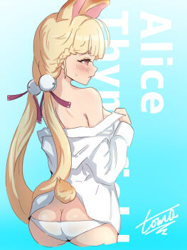 Rule 34 | 1girl, alice thymefield, animal ears, ass, back, blonde hair, blue background, blush, breasts, butt crack, character name, commentary request, hair ornament, long hair, no bra, open clothes, open shirt, panties, pulling own clothes, rabbit ears, rabbit girl, shirt, solo, sphere hair ornament, sweatdrop, toma no oekaki, twintails, underwear, undressing, white panties, white shirt, yellow eyes, zenless zone zero