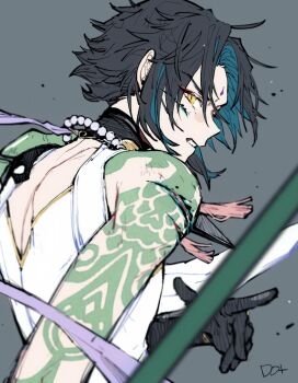Rule 34 | 1boy, ahoge, arm tattoo, artist name, bead necklace, beads, black gloves, black hair, blood, clenched teeth, eyeshadow, facial mark, forehead mark, from side, genshin impact, gloves, green hair, grey background, highres, holding, holding weapon, jewelry, makeup, male focus, multicolored hair, necklace, open mouth, parted lips, polearm, profile, red eyeshadow, simple background, sleeveless, slit pupils, solo, spikes, tassel, tattoo, teeth, to dot , upper body, weapon, xiao (genshin impact), yellow eyes