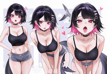 1girl alternate_costume artist_name bare_shoulders black_choker black_hair black_shirt blue_background blue_shorts blush border breasts choker cleavage collarbone colored_inner_hair commentary covered_erect_nipples cowboy_shot crop_top dolphin_shorts ellen_joe english_commentary fins fish_tail flying_sweatdrops grey_shorts hand_on_own_hip hands_on_own_knees heart highres large_breasts leaning_forward looking_at_viewer midriff midriff_peek mole mole_under_eye multicolored_hair multiple_views navel ompf open_mouth parted_lips pink_eyes pink_hair razor_blade_hair_ornament scar scar_on_tail shark_girl shark_print shark_tail shirt short_hair shorts sweat tail thigh_gap thighs tongue tongue_out v-shaped_eyebrows white_border zenless_zone_zero