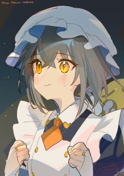 1girl ainy apron black_dress blush character_name closed_mouth collared_dress commentary_request contrast_collar dress grey_hair hat highres indie_virtual_youtuber mob_cap necktie orange_necktie short_hair short_necktie solo sweatdrop totowa_hatsuka upper_body virtual_youtuber white_apron white_hat yellow_eyes