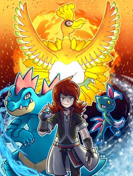 1boy blue_outline claws collarbone cresselia92 feraligatr forehead_jewel gen_2_pokemon great_ball grey_outline highres ho-oh legendary_pokemon looking_at_viewer male_focus nintendo official_alternate_costume outline poke_ball pokemon pokemon_(creature) pokemon_masters_ex red_eyes red_hair silver_(pokemon) silver_(sygna_suit)_(pokemon) sneasel wings