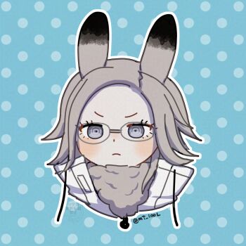 Rule 34 | 1boy, animal ears, aotsuki eito, blue background, chibi, chibi only, commentary, glasses, grey eyes, grey hair, head only, jacket, kemonomimi mode, looking at viewer, male focus, matsu shimatsuki, outline, partially unzipped, polka dot, polka dot background, rabbit boy, rabbit ears, ringed eyes, serious, short hair, solo, symbol-only commentary, the hundred line -last defense academy-, twitter username, watermark, white outline