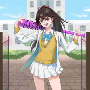 Rule 34 | 1girl, :d, alternate costume, alternate hairstyle, bambietta basterbine, baseball bat, black eyes, black hair, bleach, bleach: sennen kessen-hen, blue bow, blue bowtie, bow, bowtie, collared shirt, commentary, cowboy shot, day, deadman70232800, delinquent, eyelashes, eyes visible through hair, gate, hair between eyes, hair ribbon, hands up, happy, head tilt, highres, holding, holding baseball bat, jacket, long hair, long sleeves, looking at viewer, miniskirt, open clothes, open jacket, open mouth, outdoors, pleated skirt, ponytail, red ribbon, ribbon, school, school uniform, shirt, skirt, smile, solo, sweater, teeth, v, v-shaped eyebrows, w arms, white jacket, white shirt, white skirt, wide sleeves, yellow sweater