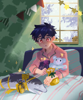 1boy bed black_hair highres kemono_jihen kusaka_kabane male_focus open_mouth pajamas red_eyes short_hair solo teeth thick_eyebrows window ye_oun