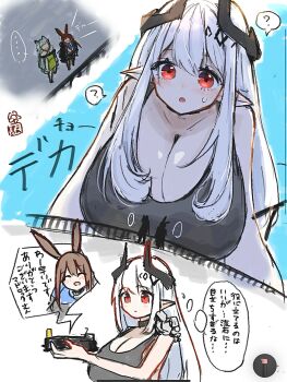 Rule 34 | ..., 3girls, amiya (arknights), animal ears, arknights, artist name, bare shoulders, black sports bra, breasts, brown hair, cat ears, cleavage, closed eyes, giant, giantess, golem, hakoniwashinshi, highres, horns, huge breasts, kal'tsit (arknights), landship, long hair, mudrock (arknights), mudrock (elite ii) (arknights), multiple girls, open mouth, pointy ears, rabbit ears, red eyes, rhodes island landship, short hair, smile, spoken ellipsis, sports bra, sweatdrop, translation request, white hair