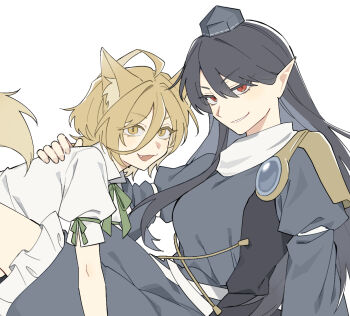 Rule 34 | 2girls, animal ears, black hair, blonde hair, blue dress, commentary request, dress, fang, fox ears, fox girl, fox tail, hair between eyes, hand on another's back, hat, highres, iizunamaru megumu, kudamaki tsukasa, long hair, long sleeves, looking at viewer, medium hair, multiple girls, open mouth, pointy ears, red eyes, sakic43899, shirt, short sleeves, smile, tail, tokin hat, touhou, white background, white shirt, yellow eyes