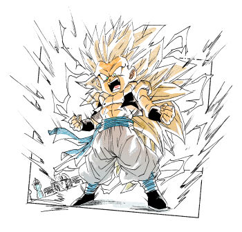 1boy aura black_vest blonde_hair blue_sash dragon_ball dragonball_z electricity fenyon gotenks green_eyes highres hyperbolic_time_chamber long_hair metamoran_vest no_eyebrows no_shirt open_mouth pants sash simple_background solo spiked_hair super_saiyan super_saiyan_3 vest white_background white_pants