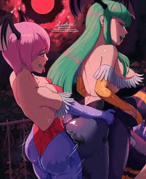 1girl 2futa absurdres artist_name black_leotard blunt_bangs breasts commentary darkstalkers doktor_malefic english_commentary futa_with_female futanari green_eyes green_hair group_sex gumroad_username halloween head_wings highres implied_futanari large_breasts leotard lilith_(darkstalkers) lipstick_mark lipstick_mark_on_face long_hair medium_breasts moon morrigan_aensland multiple_futa open_mouth pantyhose pink_hair purple_pantyhose q-bee red_eyes red_moon sex smile strapless strapless_leotard subscribestar_username threesome tongue tongue_out twitter_username watermark web_address wings