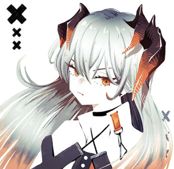 1girl arknights closed_mouth commentary_request diamond_(shape) dragon_horns earclip earrings grey_hair hair_between_eyes horns jacket jewelry long_hair looking_at_viewer mugioec orange_eyes portrait saria_(arknights) simple_background solo stud_earrings upper_body v-shaped_eyebrows white_background white_jacket