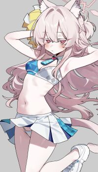 1girl :/ absurdres akira_(blue_archive) alternate_costume animal_ears armpits arms_behind_head arms_up bare_arms blue_archive blush breasts cat_ears cat_girl cat_tail cleavage commentary_request danbal grey_background hair_ornament halo highres korean_commentary long_hair looking_at_viewer millennium_cheerleader_outfit_(blue_archive) miniskirt panties pink_hair pleated_skirt pom_pom_(cheerleading) pom_pom_(clothes) pom_pom_hair_ornament red_eyes shoes simple_background skirt small_breasts sneakers solo sports_bra tail tail_under_clothes two-tone_sports_bra underwear upskirt very_long_hair white_panties white_shoes