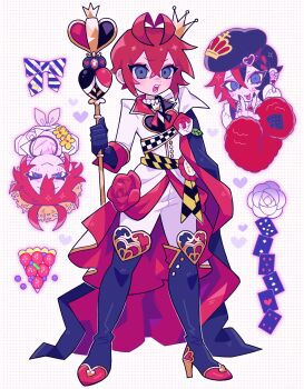 1boy 3d_tansoku :> :o antenna_hair award_ribbon beret black_boots black_cape black_eyeshadow black_gloves black_hair black_nails black_sash black_vest blank_eyes blueberry blush boots bow bowtie braid cape card checkered_clothes coat collarbone collared_cape commentary contrast_collar contrast_lapels corsage cross_tie crossed_bangs crown crown_braid crown_earrings crown_print cunnilingus_gesture diagonal-striped_bow diagonal-striped_bowtie diagonal-striped_clothes dot_nose dotted_background ear_piercing earrings elbow_gloves eyeshadow fingernails flower food frilled_shirt_collar frills fruit fruit_tart fur_coat furrowed_brow gloves gold_crown gold_trim grey_eyes hair_between_eyes hand_up hat heart heart_belt_buckle heart_earrings heart_ring heartslabyul_dorm_uniform high_heel_boots high_heels highres holding holding_staff jewelry lapels long_fingernails long_sleeves looking_at_viewer looking_up makeup male_focus mini_crown multicolored_hair multiple_rings multiple_views narrowed_eyes necklace off_shoulder open_mouth outer_glow outline pants patch piercing playing_card raised_eyebrows raised_inner_eyebrows red_coat red_eyeshadow red_flower red_hair red_rose riddle_rosehearts riddle_rosehearts_(dream) riddle_rosehearts_(tropical_wear) ring rose sash shirt short_hair side_cape sleeve_cuffs smokey_eyeshadow spade_(shape) split-color_hair staff straw_hat strawberry_tart striped_bow striped_bowtie striped_clothes striped_sash tart_(food) thigh_boots tie_clip tied_shirt tongue tongue_out twisted_wonderland two-sided_cape two-sided_coat two-sided_fabric v-shaped_eyebrows vest waist_sash white_background white_coat white_flower white_outline white_pants white_rose white_shirt yellow_sash