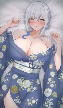 1girl :o absurdres bare_shoulders blue_hair blue_kimono blush breasts cleavage collarbone commentary floral_print floral_print_kimono grey_eyes grey_hair hair_between_eyes highres japanese_clothes kimono large_breasts looking_at_viewer lying medium_hair multicolored_hair on_back original print_kimono sidelocks solo streaked_hair symbol-only_commentary wachikumori