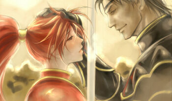 1boy 1girl armor black_hair eyepatch fire_emblem fire_emblem:_path_of_radiance fire_emblem:_radiant_dawn haar_(fire_emblem) jill_(fire_emblem) long_hair nagasaki_yuko nintendo ponytail red_eyes red_hair ruffling_hair