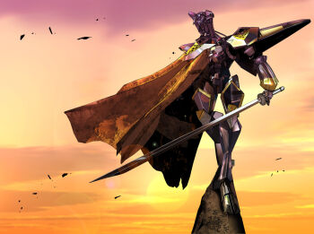 animal animal_on_shoulder anitenjp armor bird bird_on_shoulder black_armor blade_gainer cloak cloud evening full_body green_eyes holding holding_sword holding_weapon huge_weapon katana looking_at_viewer mecha mecha_focus non-humanoid_robot orange_sky outdoors robot robot_animal robot_bird shinkon_gattai_godannar!! side_cape sky solo standing sun sunset super_robot sword weapon yellow_armor