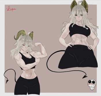Rule 34 | 1girl, abs, ahoge, artist name, black horns, black pants, black sports bra, black tail, blush, breasts, brown background, closed mouth, crop top, curled horns, demon tail, earrings, flexing, from below, frown, grey hair, hair between eyes, hands on own hips, heart, heart-shaped pupils, highres, horns, jewelry, key earrings, large breasts, long hair, looking at viewer, mole, mole under eye, muscular, muscular female, pants, red eyes, scar, scar on arm, scar on chest, scarletlupa, simple background, smile, solo, sports bra, symbol-shaped pupils, tail, toned, toned female, two-tone background, white background, wuthering waves, zani (wuthering waves)