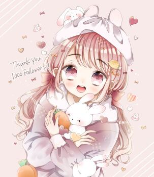 Rule 34 | 1girl, :d, absurdres, animal, animal hat, animal on head, bow, carrot hair ornament, commentary request, dosukoi (nagihoko), food-themed hair ornament, green nails, hair bow, hair ornament, hairclip, hat, highres, holding, holding animal, holding rabbit, hood, hood down, hoodie, long hair, long sleeves, looking at viewer, low twintails, milestone celebration, multicolored nails, nail polish, on head, open mouth, orange nails, original, pink background, pink bow, pink eyes, pink hair, pink nails, rabbit, red nails, smile, solo, teeth, thank you, twintails, twitter username, upper body, upper teeth only, white hat, yellow nails
