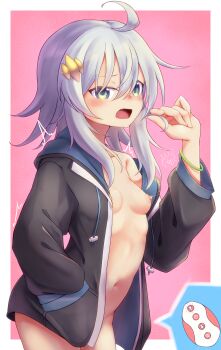 Rule 34 | 1girl, absurdres, ahoge, aqua eyes, black jacket, border, breasts, commentary request, controller, dragon musume ni naritakunai!, duel masters, fang, grey hair, hair ornament, highres, jacket, kanimiso (juutilainen77), kumada suzu, lactation, long hair, navel, nipples, open clothes, open jacket, open mouth, outside border, playing with hair, remote control, remote control vibrator, sex toy, signature, small breasts, solo, spoken object, vibrator, white border, wireless sex toy controller