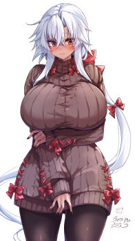 Rule 34 | 1girl, absurdres, alternate costume, alternate hairstyle, black pantyhose, bow, breasts, brown dress, brown eyes, brown sweater, commentary request, dark-skinned female, dark skin, dress, glasses, hair bow, highres, kantai collection, large breasts, low ponytail, mashiro yukiya, musashi (kancolle), musashi kai ni (kancolle), pantyhose, ponytail, ribbed dress, ribbed sweater, simple background, solo, sweater, sweater dress, white background, white hair